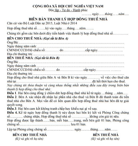 Mẫu hợp đồng kết thúc thuê nhà