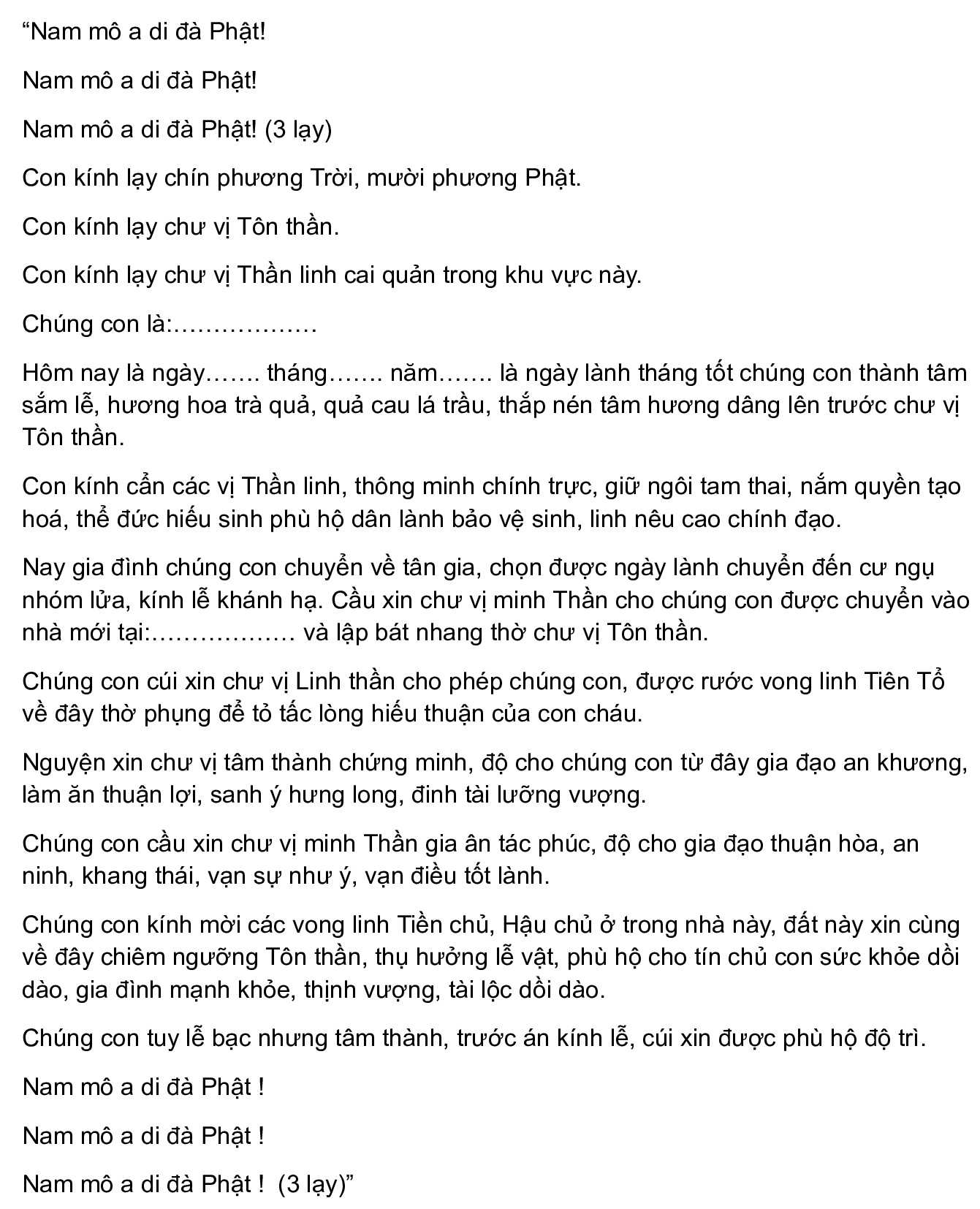 Bài khấn - Bài cúng chuyển trọ mới
